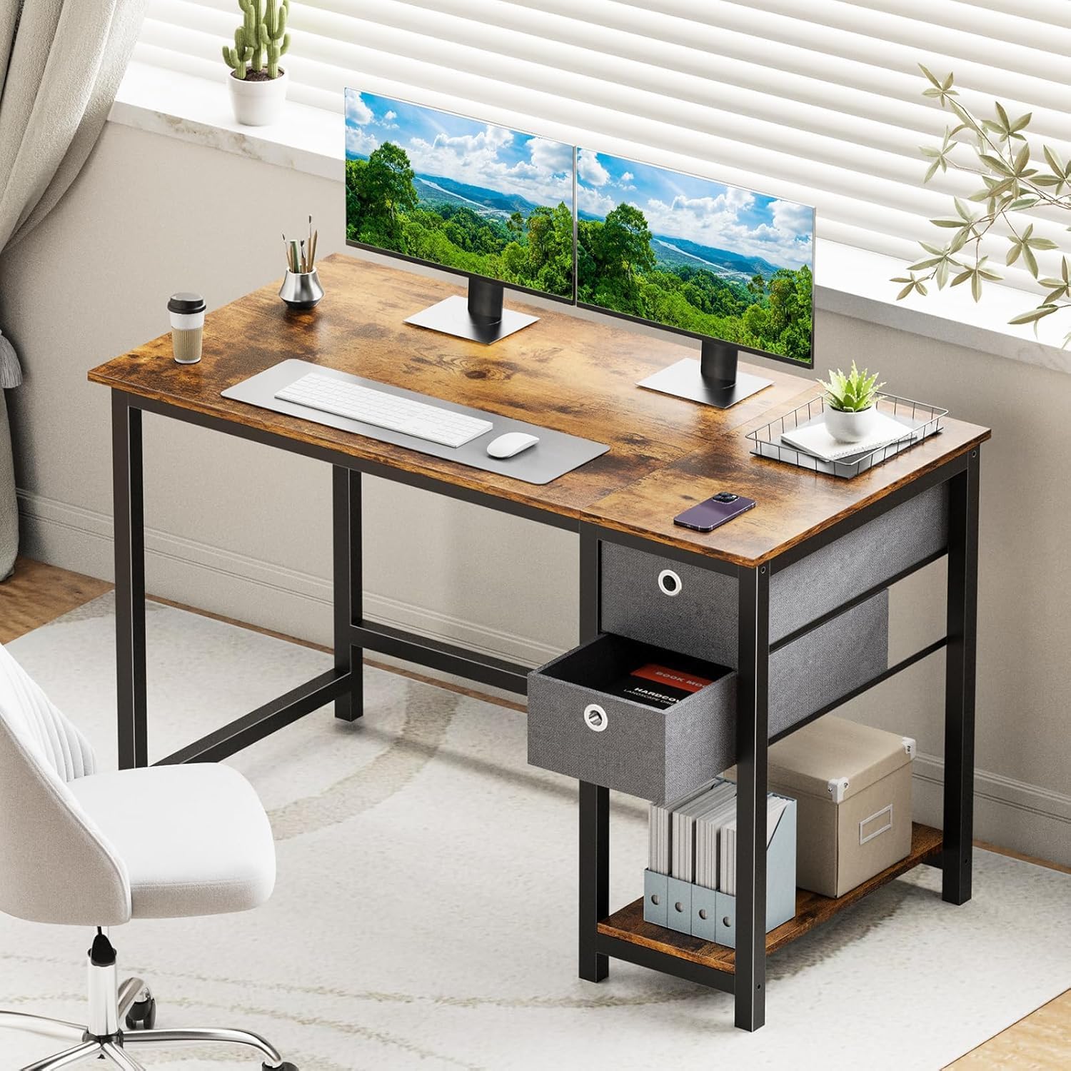 Computer Desk With Drawers 40 Inch Office Writing Work Kids Study 2 Tier Wood Corner Table With Storage Drawers Shelf For Bedroom Home Office Rustic Brown Rustic Brown Wood