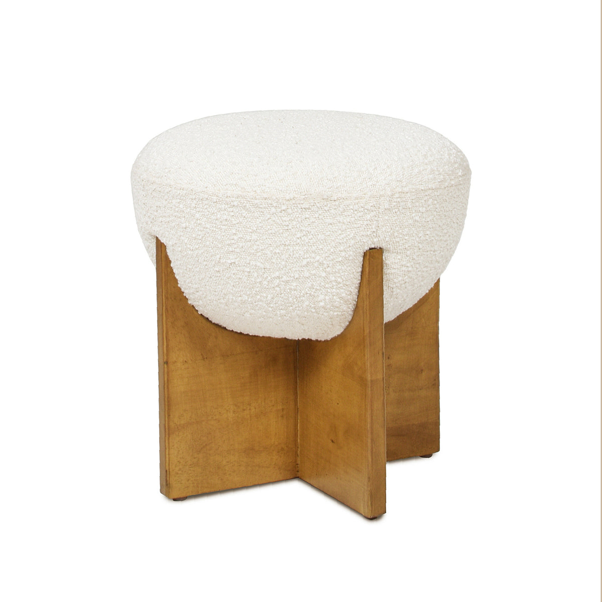 Bali 18.5" Round Upholstered Ottoman With Natural Wood Base, Ivory White Boucle White Foam Boucle