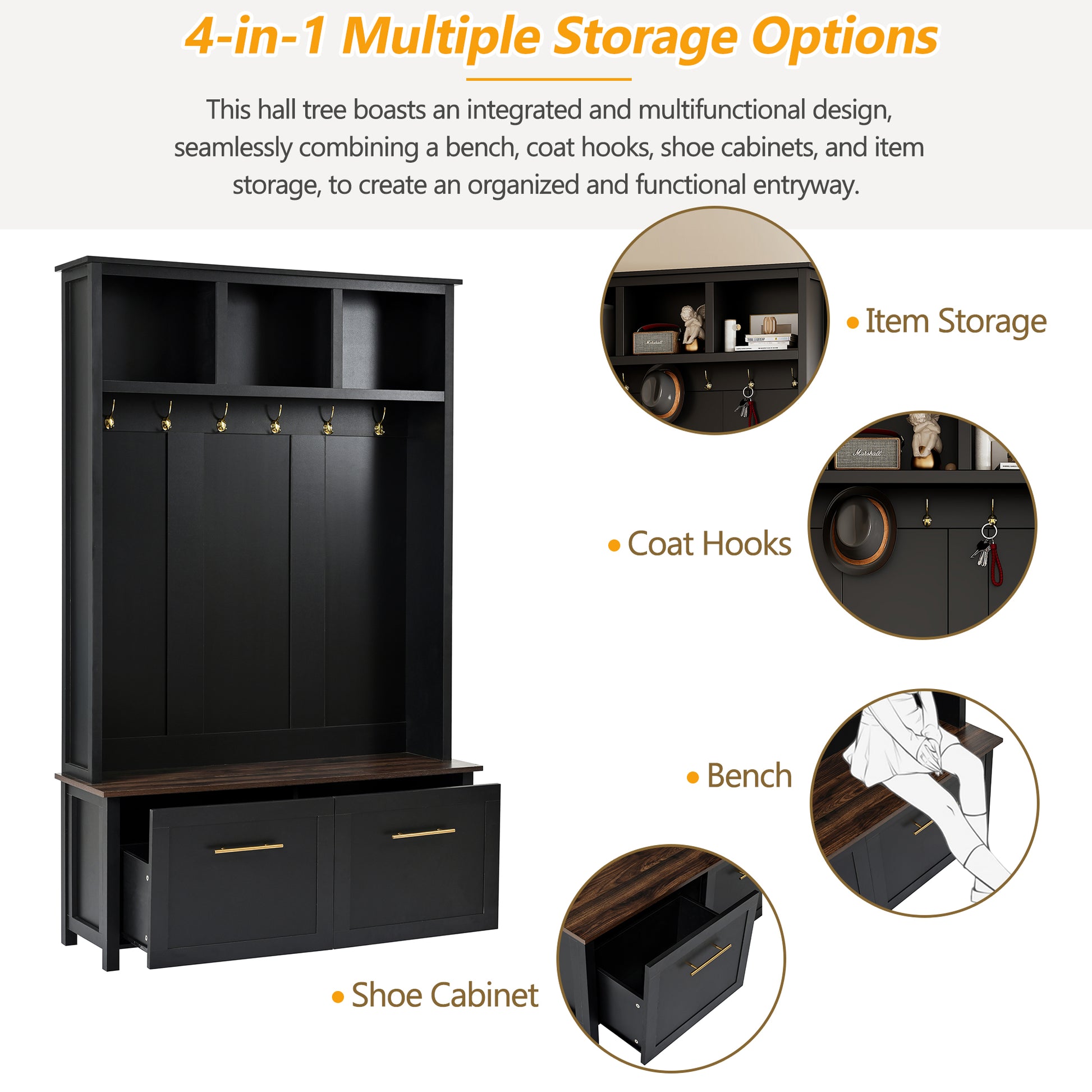 Versatile 4 In 1 Hall Tree With 6 Golden Hooks, Brown Wood Grain Bench With Multiple Storage Space, Entryway Coat Rack With 2 Drawers For Living Room, Hallway, Black, 47.2''W*76.6''H Black Primary
