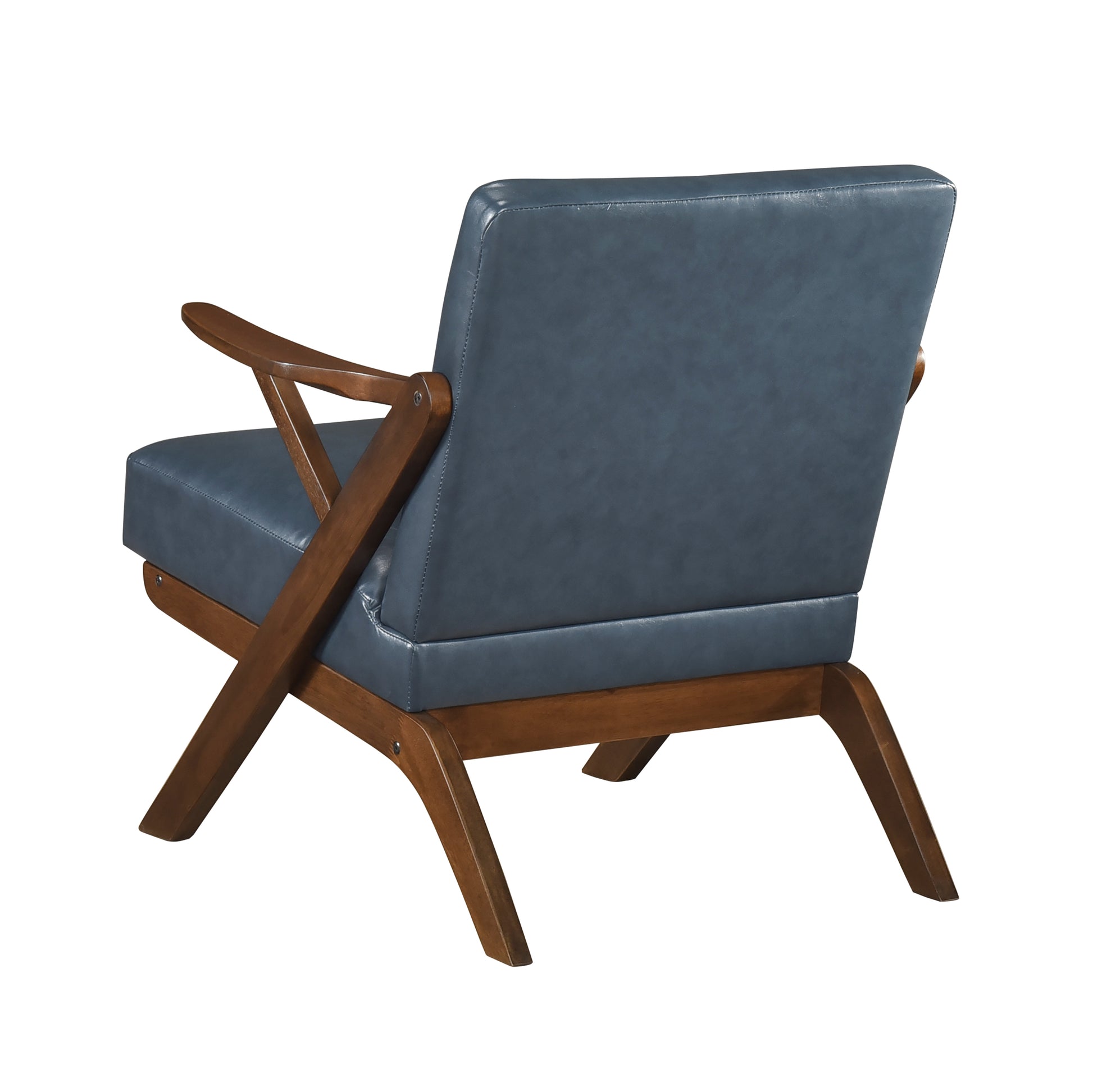 Brown Finish Solid Rubberwood Frame 1Pc Accent Chair Blue Faux Leather Upholstery Living Room Furniture Blue,Brown Primary Living Space Rubberwood Solid Wood