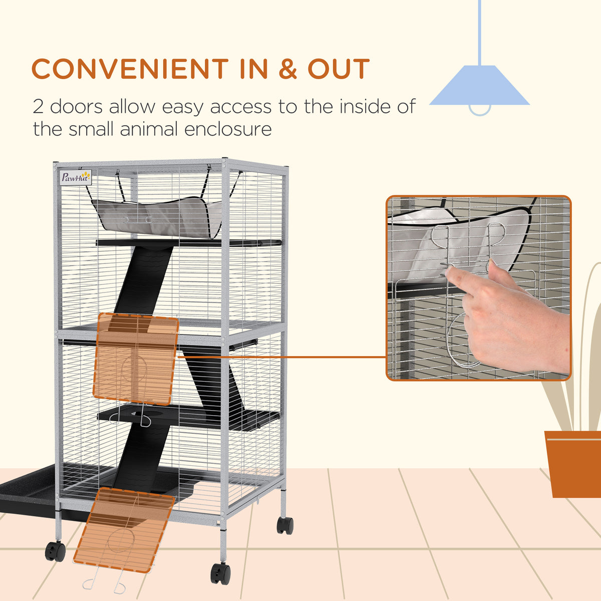 Pawhut Metal Small Animal Cage Rolling Big Ferret Cage, Chinchilla Cage, Sugar Glider Cage, With Hammock & 4 Tiers, Removable Tray, White White Steel