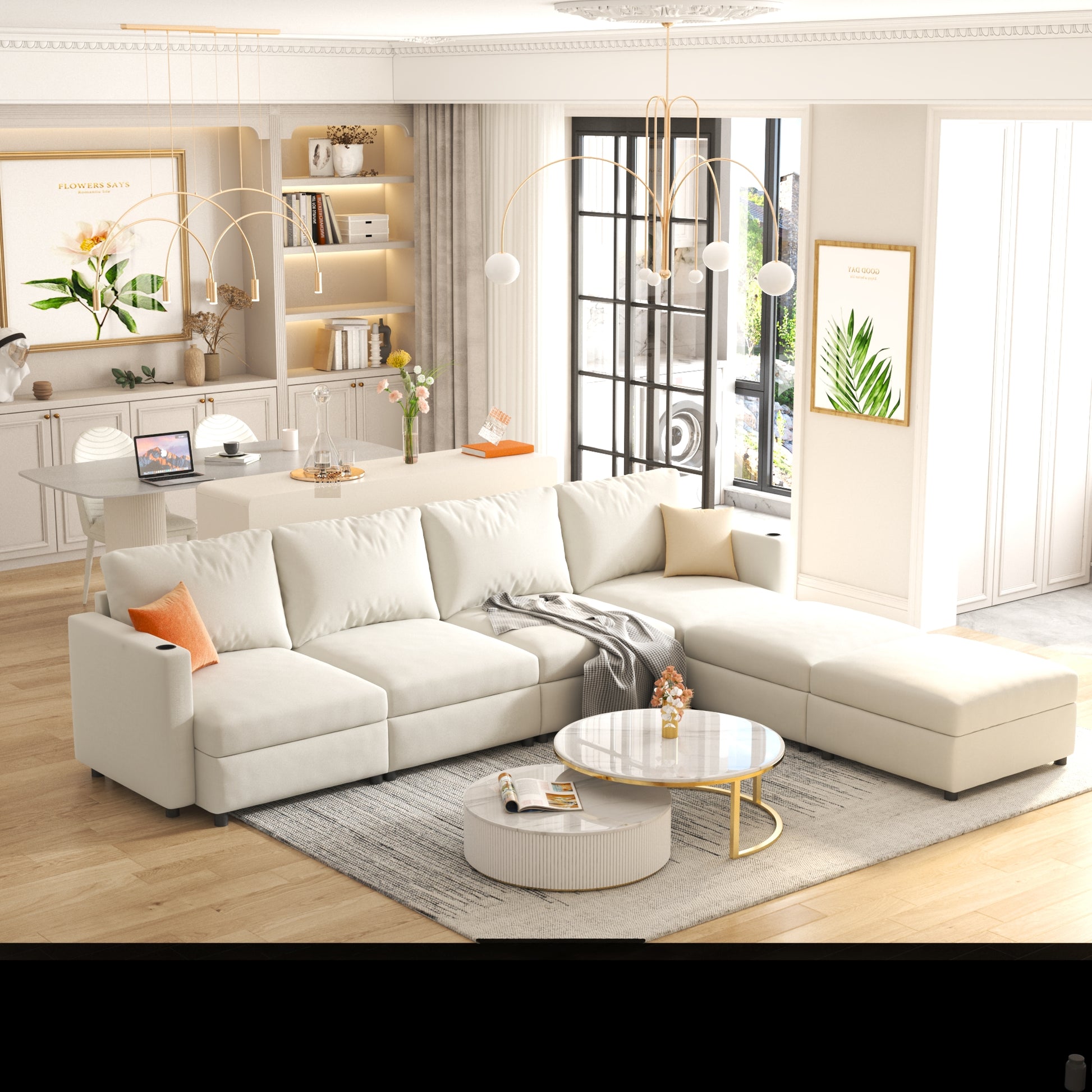 Modern Large Sectional Sofa, U Shape Modular Sectional Couch With Storage Function,123" Sofa Bed With Ottoman,6 Seat Sectionals Chaise For Living Room,Chenille Antique White Fabric 6 Seat