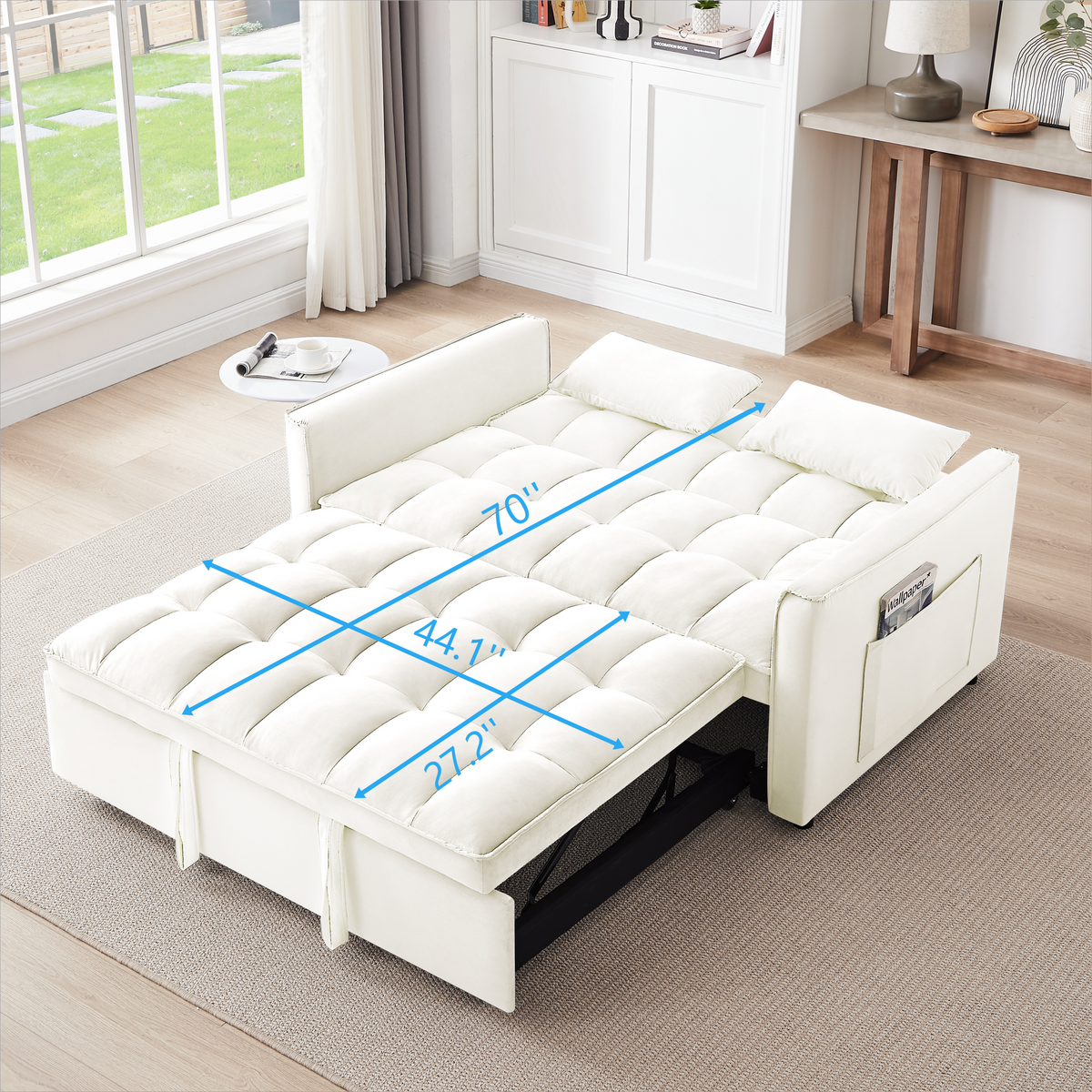 55.1 Inch 3 In 1 Convertible Sofa Bed, Modern Velvet Double Sofa Futon Sofa Bed With Adjustable Back, Storage Bag And Pillow, For Living Room, Bedroom Off White Light Brown Wood Primary Living Space Medium Duty Eucalyptus 2 Seat Beige White Velvet Soft