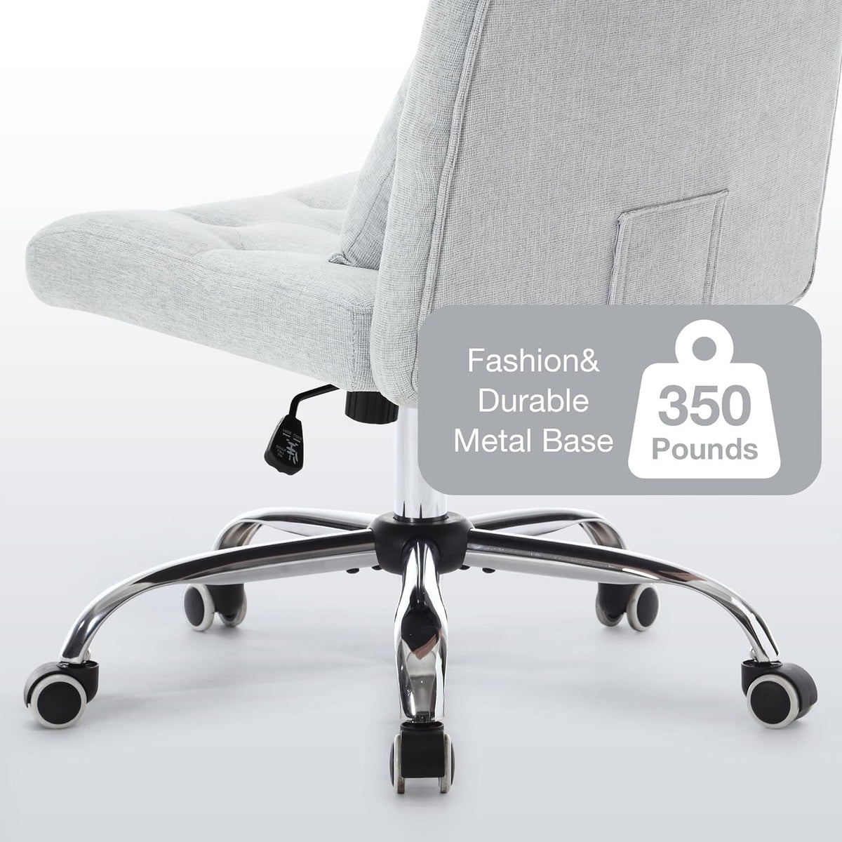 Armless Fabric Office Desk Chair With Wheels, Criss Cross Legged Wide Seat Chair, Modern Home Office Chair With Lumbar Pillow, Comfy Computer Task Chair For Small Space, Vanity Chair For Women, Girls Light Grey Memory Foam Cotton Textile
