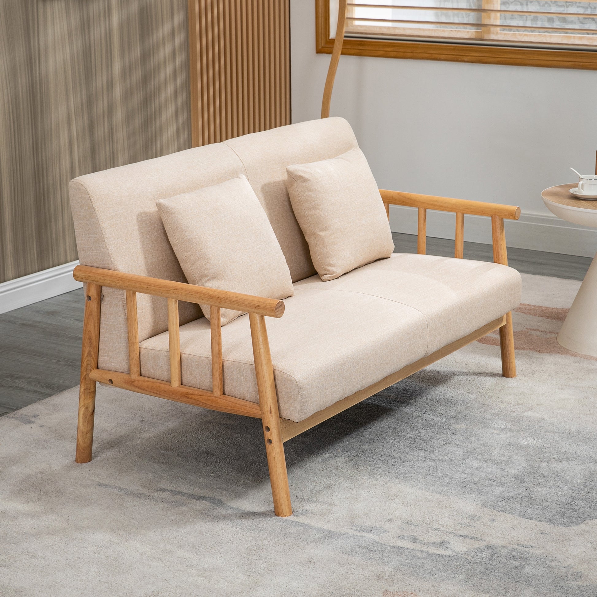 Homcom 48" 2 Seater Couch For Small Spaces, Modern Loveseat Sofa For Bedroom, Living Room Furniture, Upholstered Small Couch With Throw Pillow And Wood Legs, Beige Beige Polyester