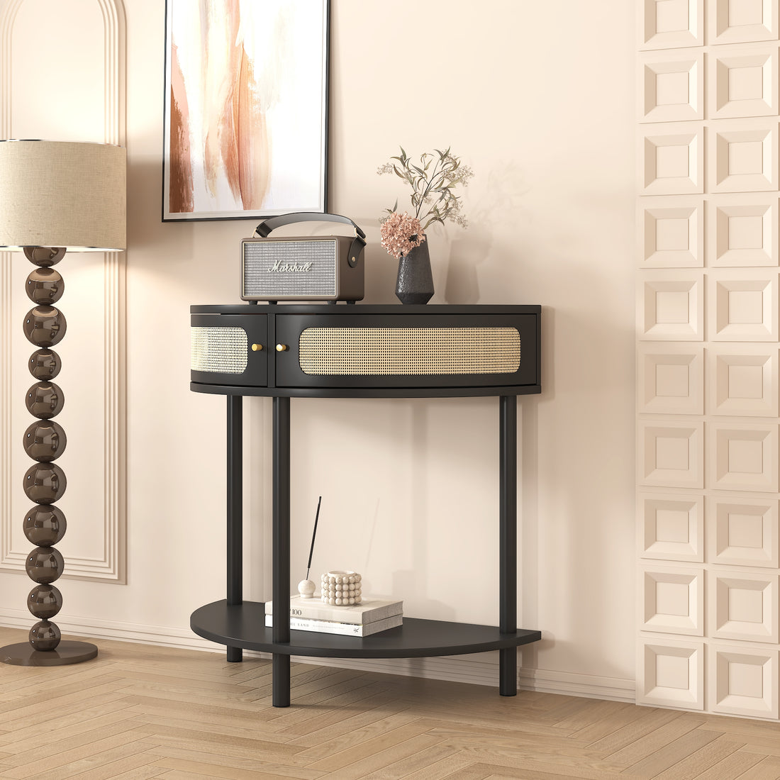 Unique Half Moon Design End Table With Rattan Door,Elegant Semicircle Sofa Side Table With 2 Rattan Storage Cabinet And Bottom Shelf For Living Room, Bedroom Black Primary Living Space Boho Freestanding Semicircular Drawers Coffee & End Tables Polished