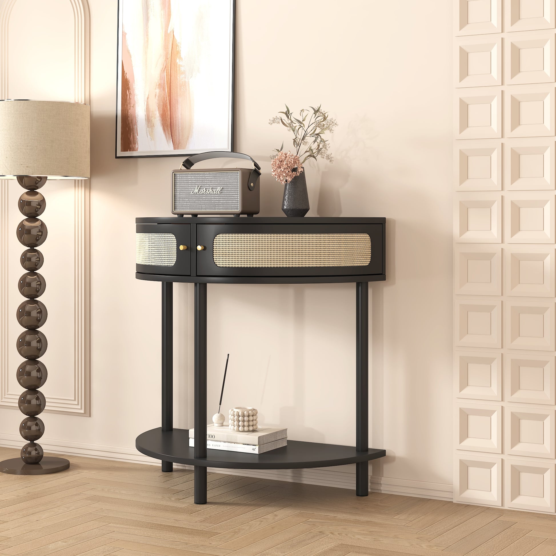 Unique Half Moon Design End Table With Rattan Door,Elegant Semicircle Sofa Side Table With 2 Rattan Storage Cabinet And Bottom Shelf For Living Room, Bedroom Black Primary Living Space Boho Freestanding Semicircular Drawers Coffee & End Tables Polished