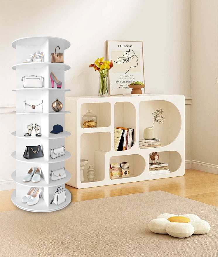 7 Tier Rotating Shoe Rack Tower, Spinning Shoe Display, 360 Shoe Rack Storage Round Carousel, Vertical Handbag Rotate Shoes Closet Organization, Christmas Gift White White Pvc