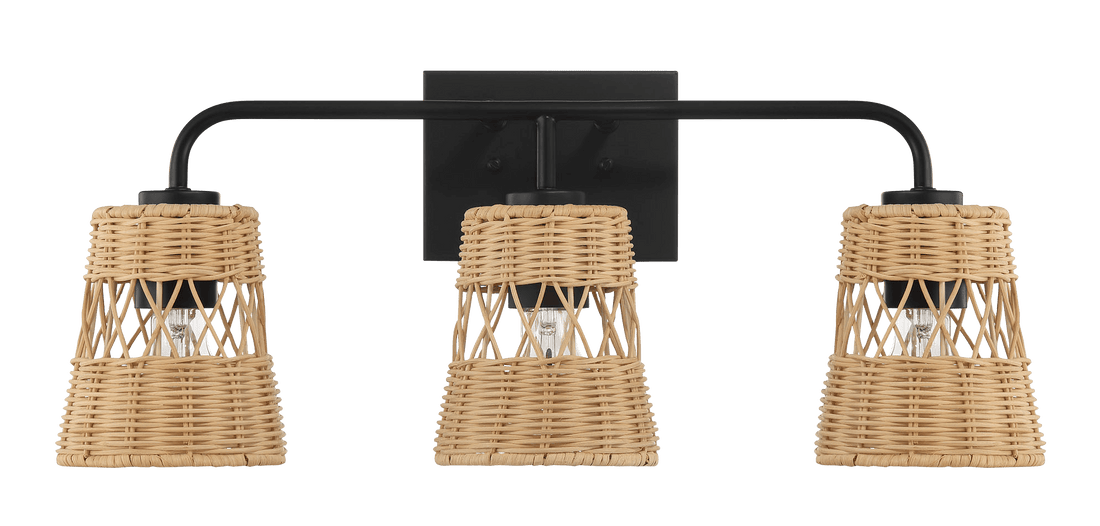 Moonlit Three Lights Wall Sconce With Rattan Shade, Bathroom Lighting Fixtures Over Mirror Black,Rattan Rattan Metal
