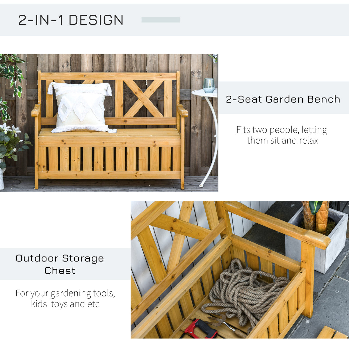 Outsunny Patio Wooden Bench With Storage Box, 29 Gallon Outdoor Storage Bench, Large Entryway Deck Box W Unique X Shape Back, For Deck, Porch & Balcony, Yellow Yellow Wood