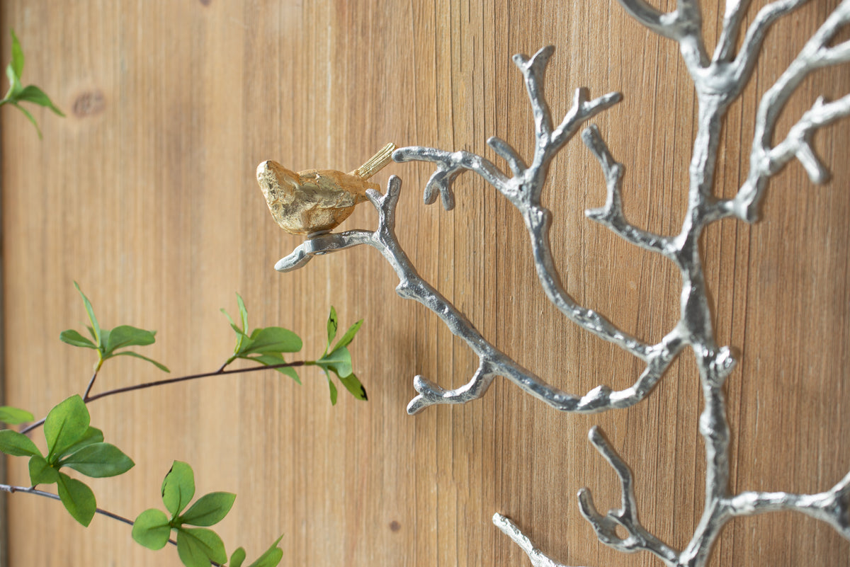 17X5.5X22" Metal Branch Wall Sculptures With Bird Accents Silver Multi Aluminium