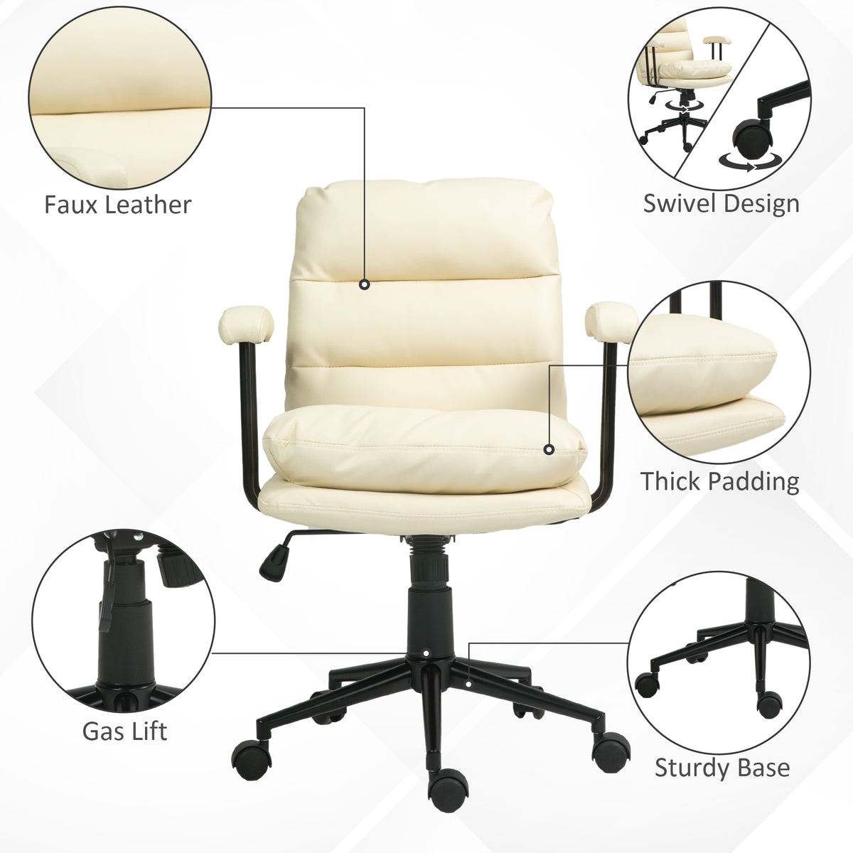 Homcom Pu Leather Office Chair, Office Desk Chair, Task Computer Chair With Swivel Wheels, Adjustable Height, Double Tier Padded, Beige Beige Faux Leather