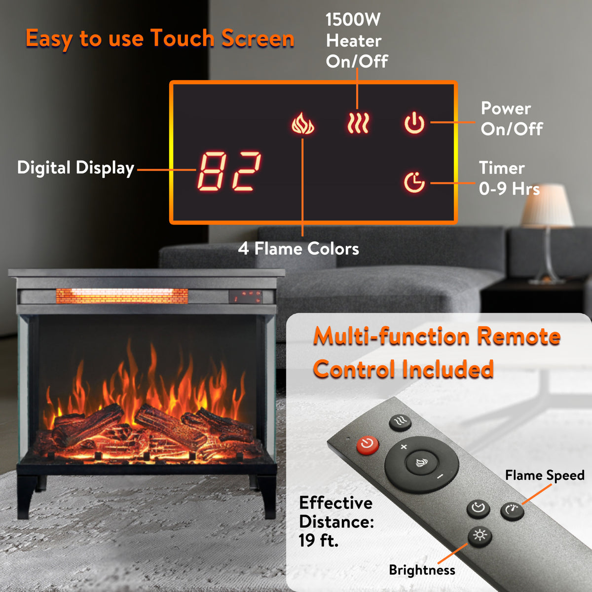 24 Inch Three Sided Glass Electric Fireplace With Feet Powder Coated Electric Antique Black Vent Free Primary Living Space Yes Insert Tempered Glass Sheet Metal Electric