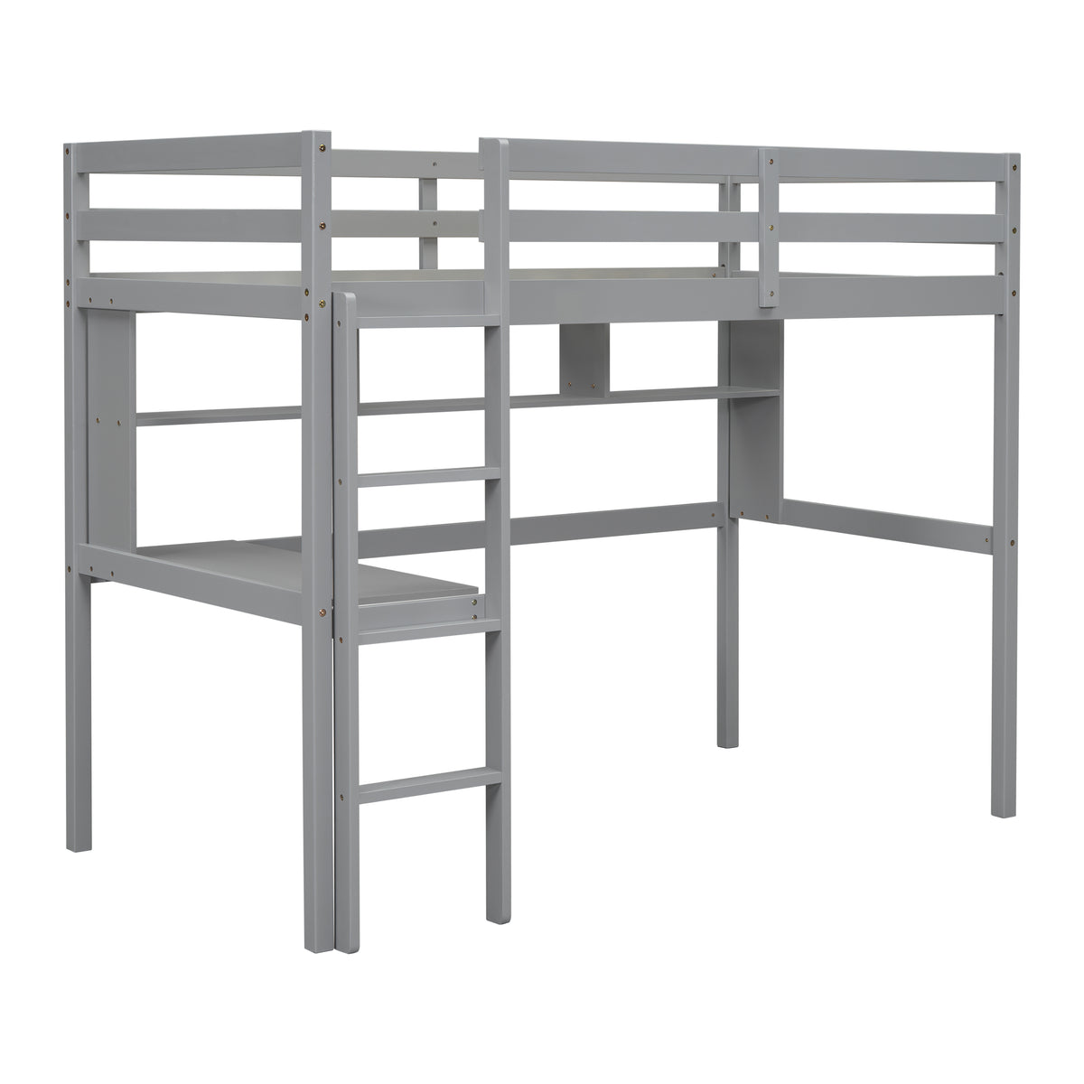 Twin Size Loft Bed With Desk And Shelves, Safety Guardrail And Ladder,Grey Twin Grey Pine