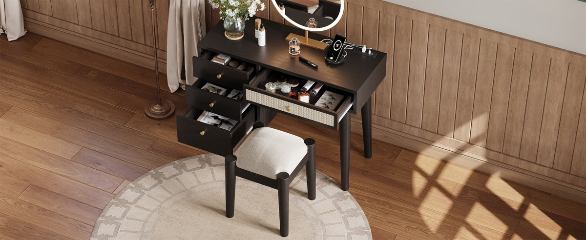 39" Retro Bohemian Style Wooden Makeup Vanity Set With Charging Plug&Usb Port And Stool, Dressing Table With 3 Storage Drawers And 1 Rectangular Rattan Drawer, Black Black 4 Drawers Wood