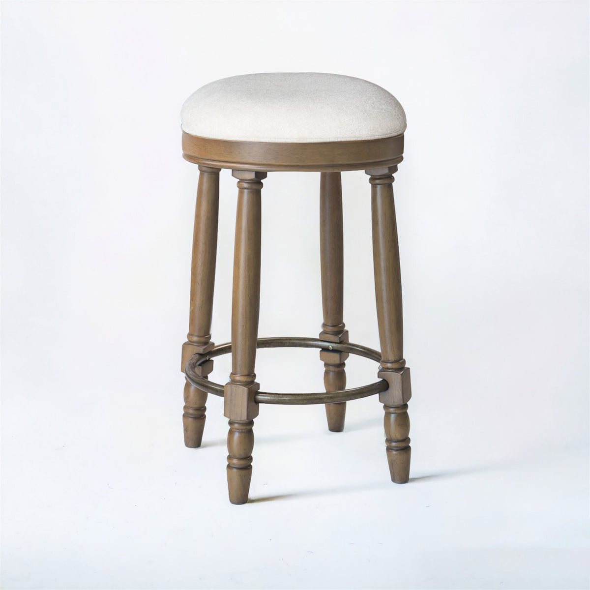 Barstools Set Of 2, 360 Degree Swivel, Accent Wooden Swivel Seat Counter Height Bar Stool,White Fabric Cushioned Seat, Bar Stool Perfect For Dining & Living Room With Light Brown,Natural Height 26"