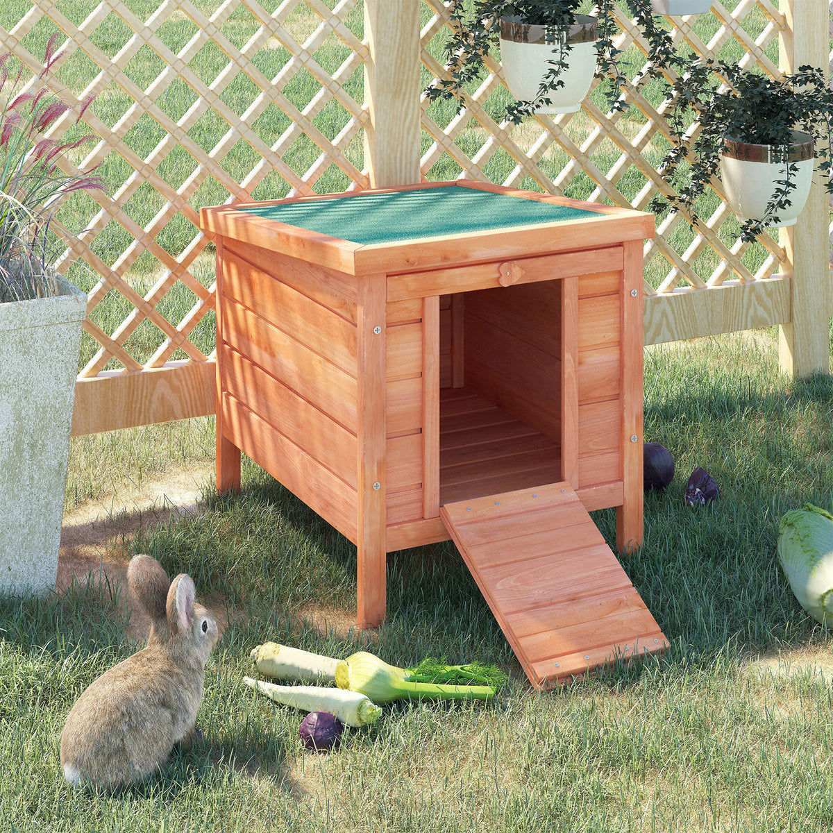 Pawhut Small Wooden Rabbit Hutch Bunny Cage Guinea Pig Cage Duck House Dog House With Openable & Waterproof Roof, Natural Natural Wood