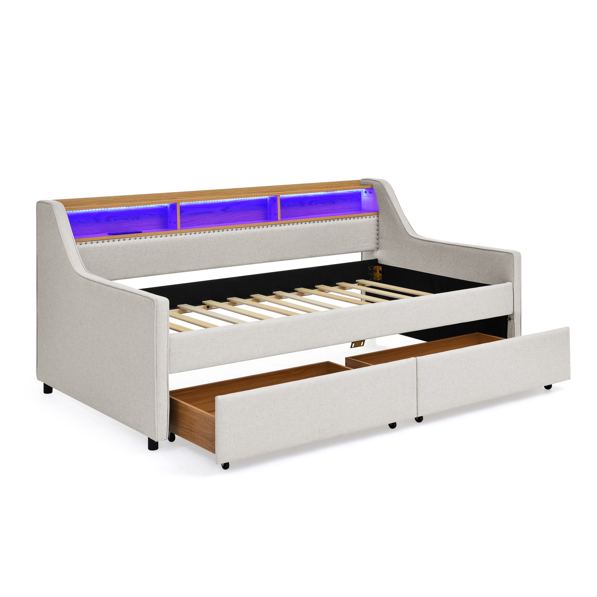 Twin Size Upholstery Sofa Bed With Three Led Lights, With Storage Adjustable Headboard, With Two Storage Pull Up Drawers And Wireless Charging, Linen Padded Sofa Bed Frame, Beige Box Spring Not Required Twin Beige Composite Bedroom Classic Eucalyptus