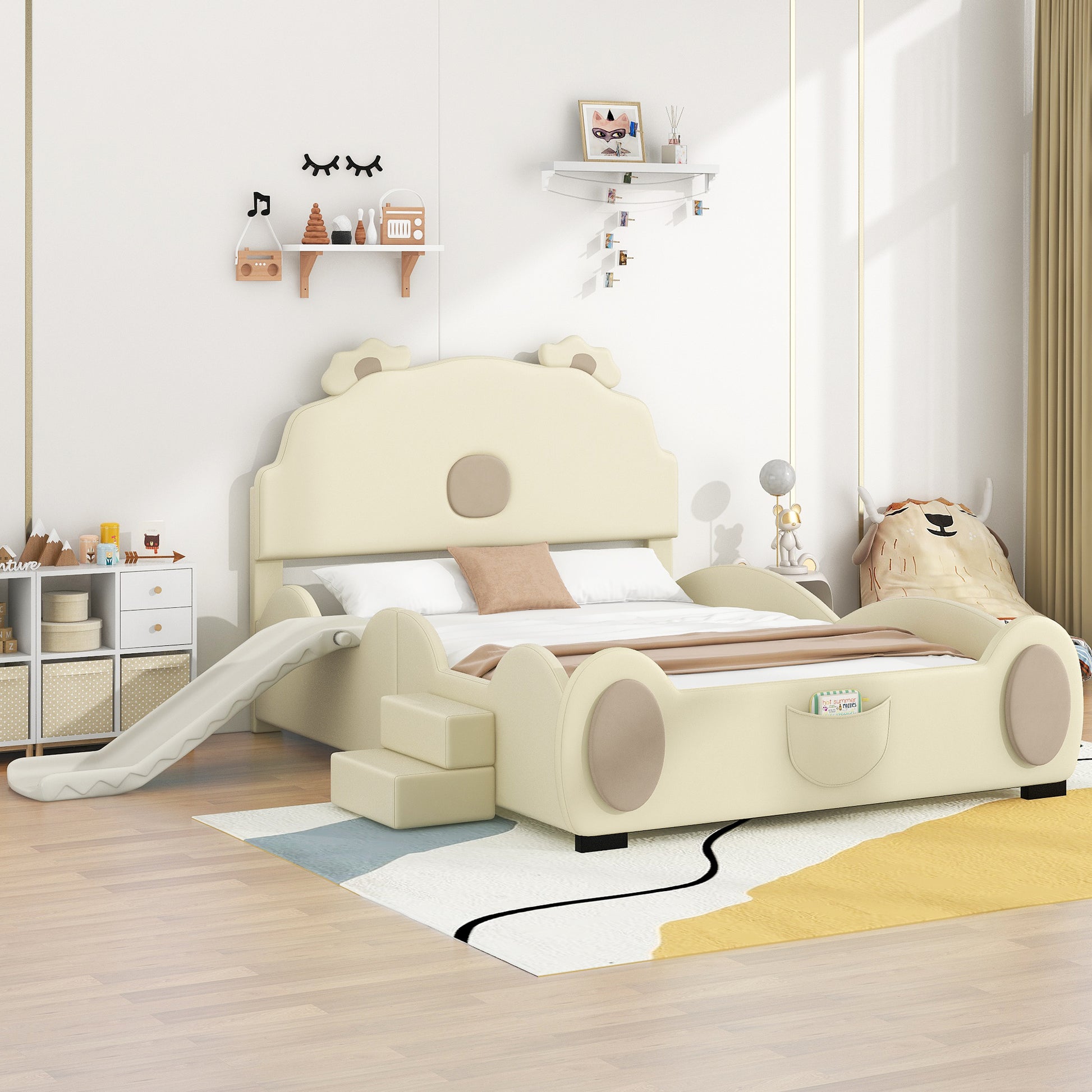 Full Size Upholstered Platform Bed With Piglet Shape Headboard And Children'S Slide, Beige Box Spring Not Required Full Beige Wood Bedroom Bed Frame Faux Leather Upholstered