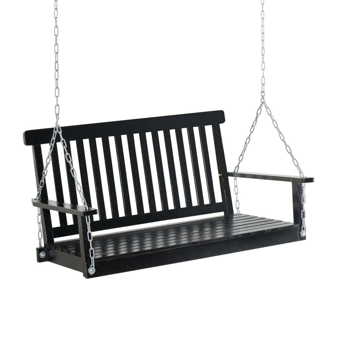 Outsunny 2 Seater Hanging Porch Swing Outdoor Patio Swing Chair Seat With Slatted Build And Chains, 440Lbs Weight Capacity, Black Black Wood