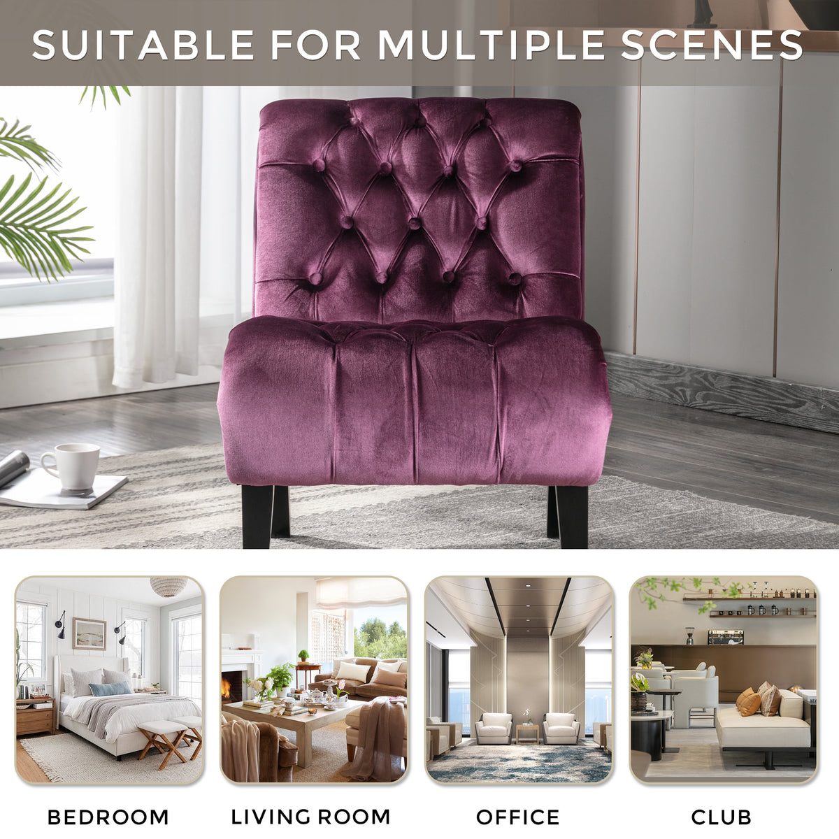 Coolmore Modern Velvet Armless Accent Living Room Chair Leisure Chair,Upholstered Fabric Button Comfortable Chair With Wooden Legs For Bedroom, Living Room, Office Purple Velvet Purple Primary Living Space Foam Velvet