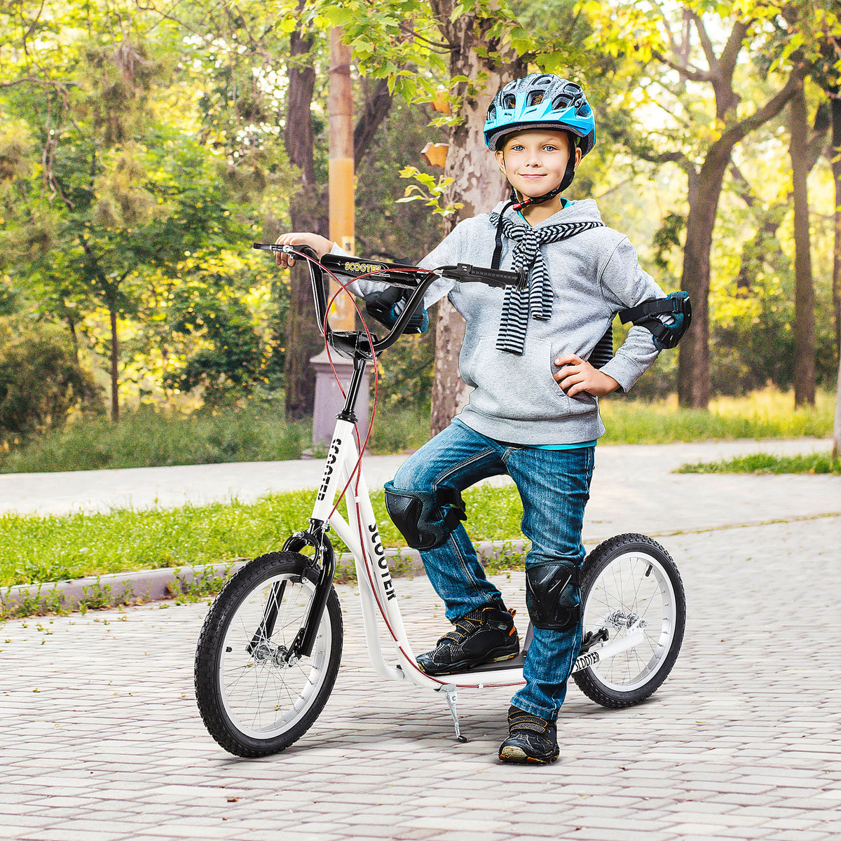 Aosom Youth Scooter Kick Scooter For Kids 5 With Adjustable Handlebar 16" Front And Rear Dual Brakes Inflatable Wheels, White White Iron Plastic