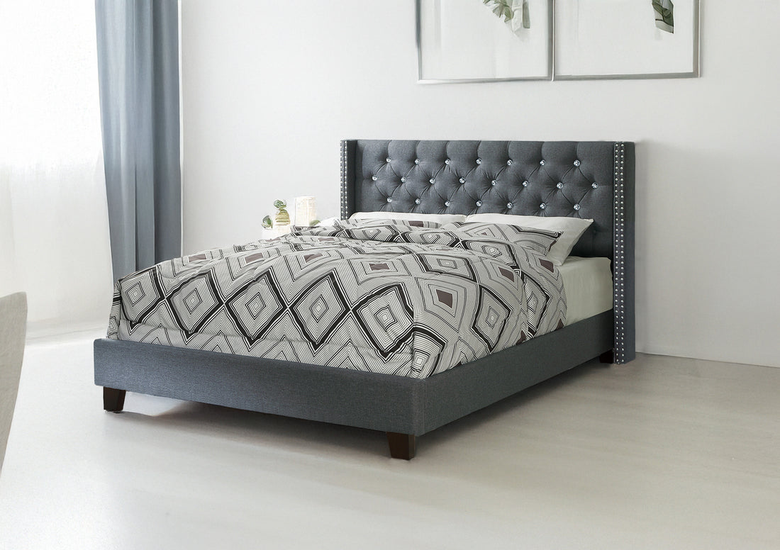 Queen Bed In Blue Gray Box Spring Not Required Queen Gray Fabric