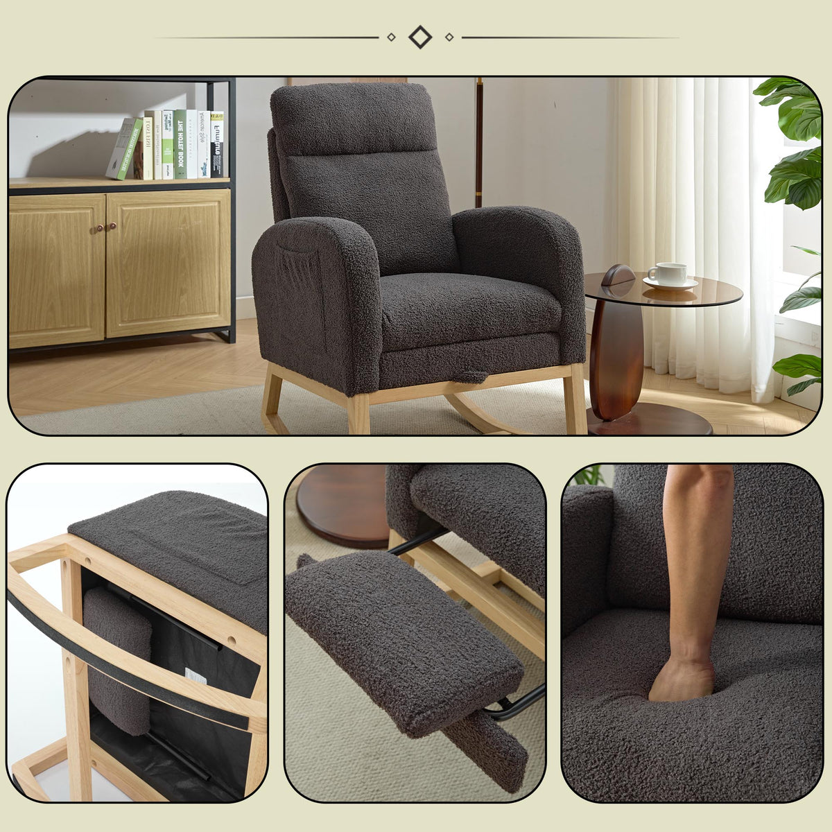 Modern Accent Rocking Chair Rocking Chair With Solid Wood Legs, Upholstered Nursery Glider Rocker, Comfy Armchair With Side Pocket, Living Room Lounge Arm Chair With High Backrest Teddy Gray Polyester Blend