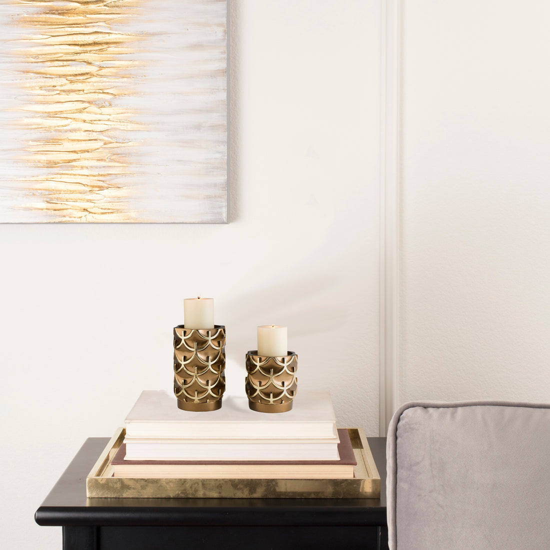5.5" And 8" Tall Polyresin "Mystic Owl" Candleholder, Golden Finish Set Of 2 Gold Polyresin