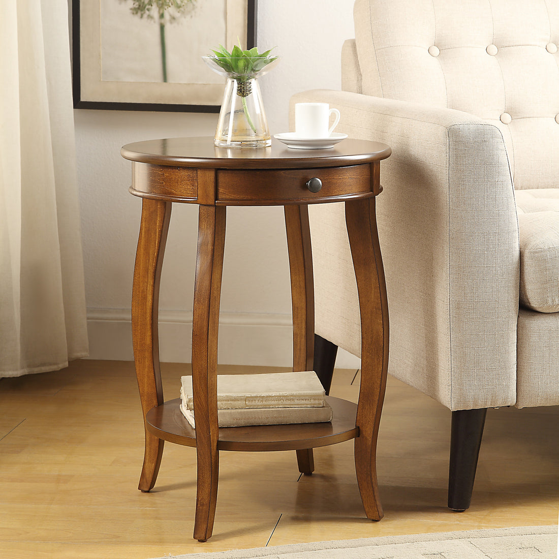 Walnut End Table With 1 Drawer Walnut Primary Living Space Transitional Drawers Round Wood
