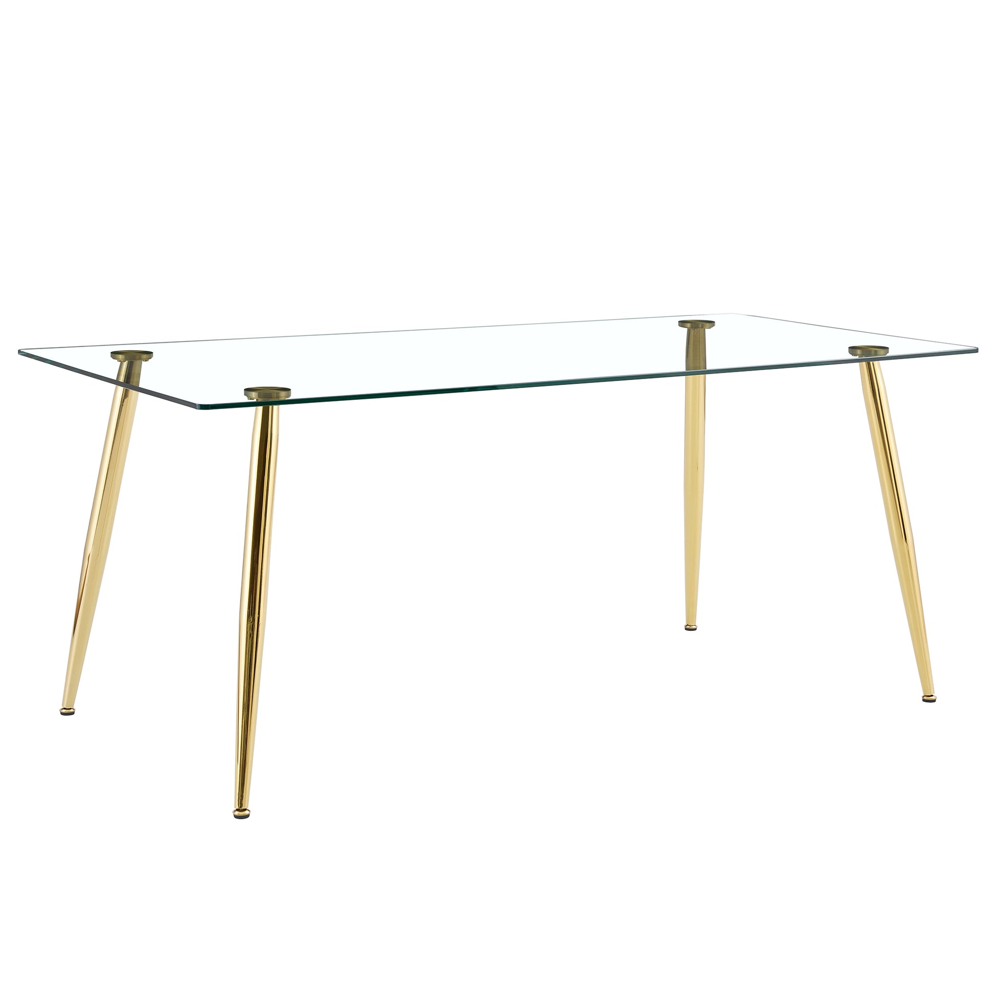 Table And Chair Set.Modern Rectangular Glass Dining Table With Tempered Glass Countertop And Golden Metal Legs, Paired With Multiple Transparent High Quality Pet Dining Chairs With Golden Legs. Gold Seats 8 Tempered Glass