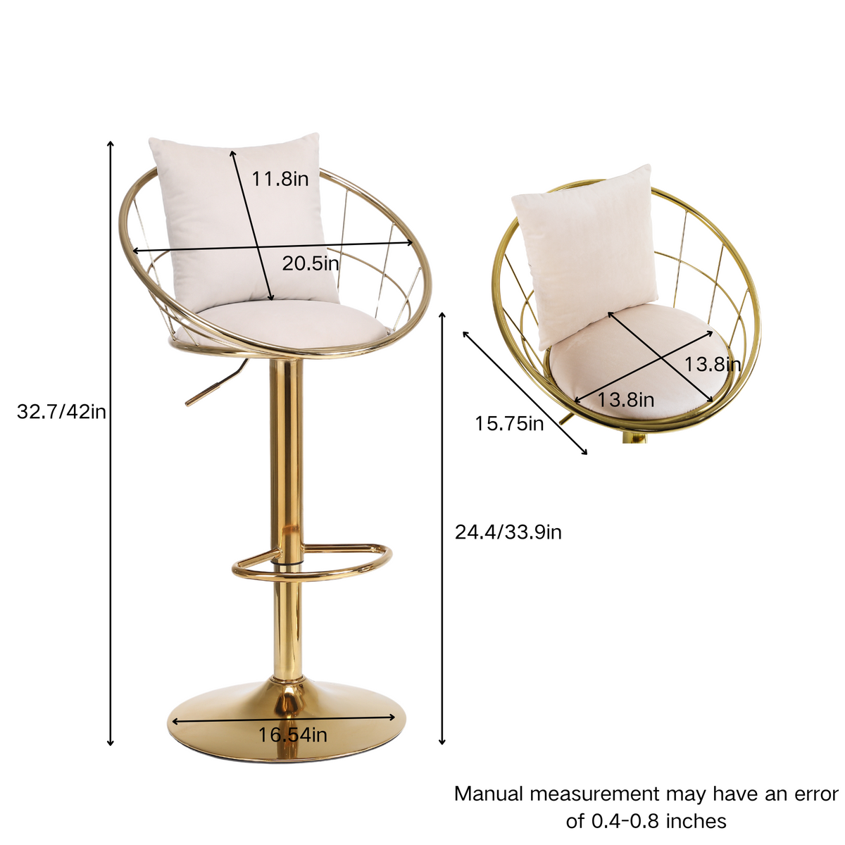 Off White Velvet Bar Chair, Pure Gold Plated, Unique Design,360 Degree Rotation, Adjustable Height,Suitable For Dinning Room And Bar,Set Of 2 Off White Velvet
