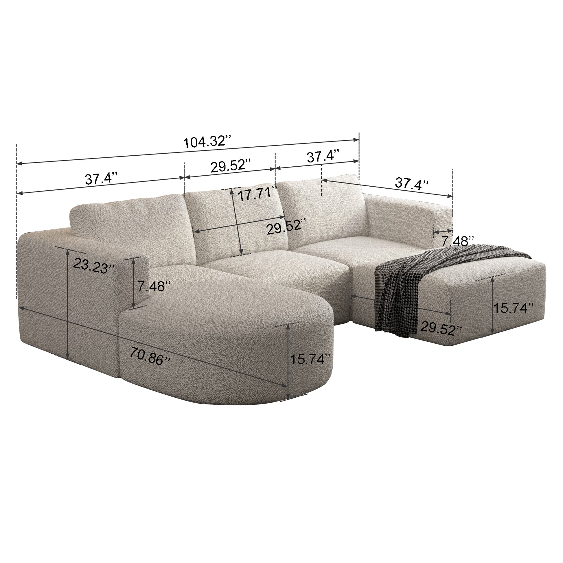 133.84*70.86 Modular Sectional Sofa Sleeper Couch, Sectional Sofa With Chaise And Ottoman, Convertible U Shaped Modular Sofa Set. Compressed Sponge, White. Combo 2A B C D White Primary Living Space Soft Minimalist,Modern Foam Spring 6 Seat