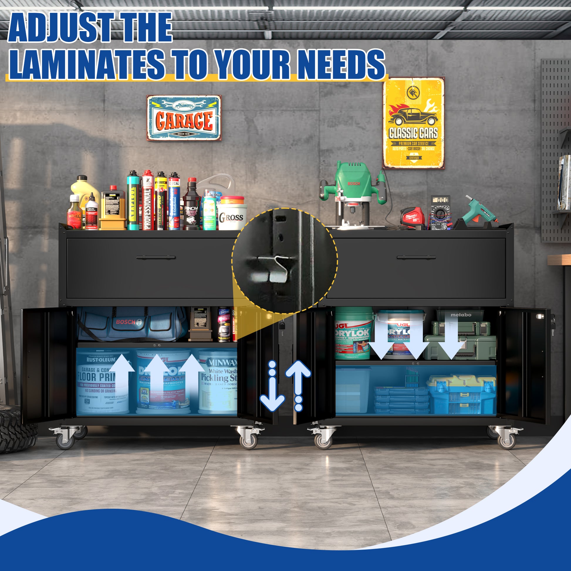 2 Door 1 Drawer Tool Cabinets For Garage, Lockable Garage Storage Cabinet, Locking Metal Storage Cabinet With Wheels, Rolling Tool Chest, Assembly Required H35.4*W30.3*D18 Black American