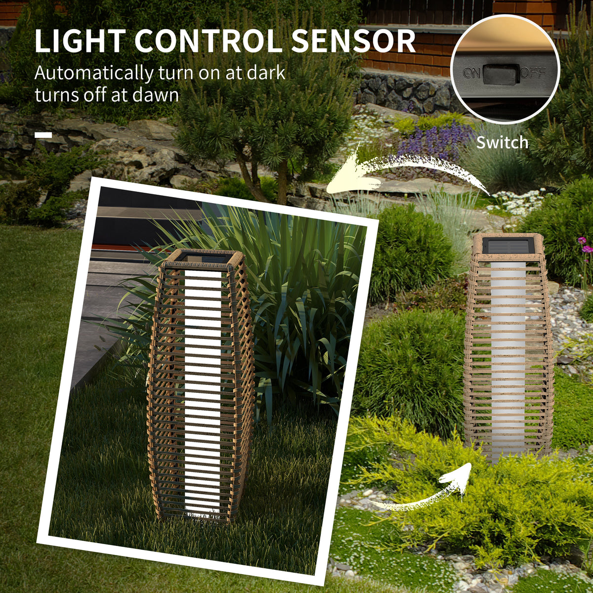Outsunny Solar Floor Lamp, Outdoor Rattan Garden Lantern Pathway Light & Decorative Driveway Lighting With Auto On Off Led Lights For Porch, Yard, Lawn, Courtyard, Deck, Sand Brown Steel