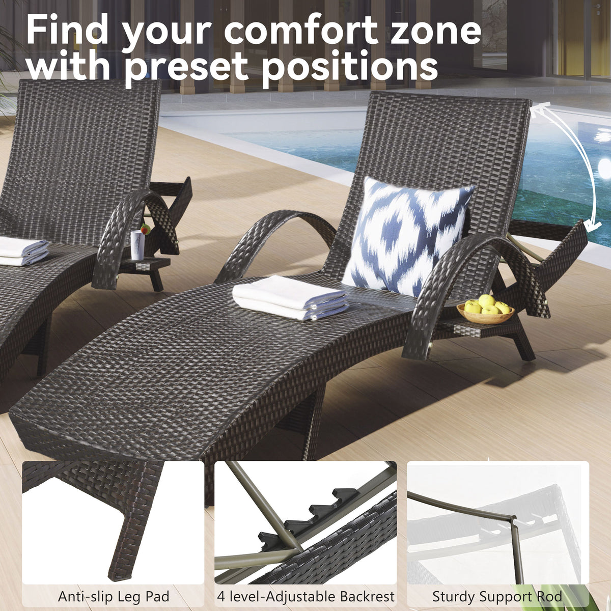 K&K 80'' Outdoor Wicker Chaise Lounge Chairs Set Of 2, Patio Rattan Reclining Chair Pull Out Side Table Adjustable Backrest Ergonomic Wave Design Pool Sunbathing Recliners, Dark Brown No Lounge Dark