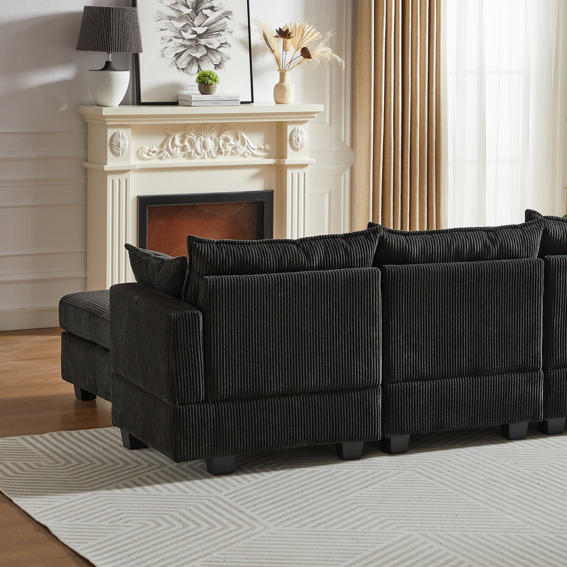 113.5'' Modular Sectiona Corduroy Sofa, Sectional Couches For Living Room U Shaped Sectional Couch With Storage Ottoman, 6 Seats Convertible Sectionals With Chaise Black Corduroy 6 Seat