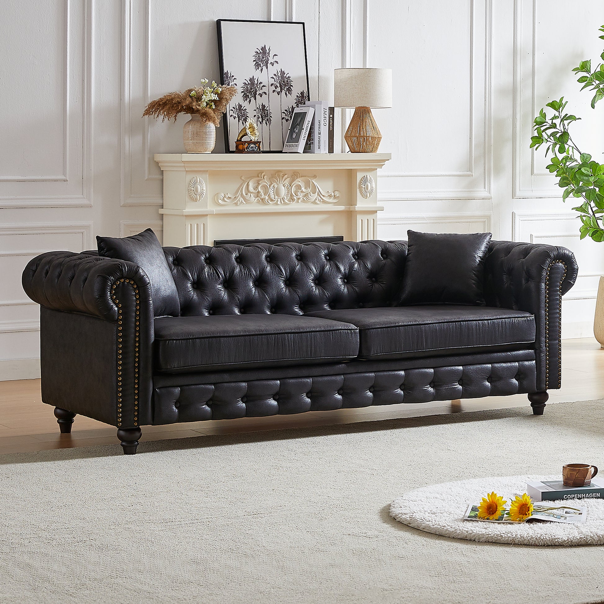 Fx 85.5"Living Room With Tech Fabric Chesterfield Sofa With Rolled Arms 3 Seater Sofa With Button Design And 2 Cushions For Apartment, Office, Living Room Black Wood Primary Living Space Pine Foam Fabric 3 Seat