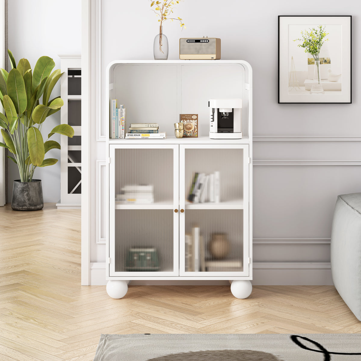 45.28" H Storage Cabinet, Bathroom Floor Cabinet With Glass Door And Shelves, Freestanding Display Storage Cabinet For Bathroom, Living Room, Kitchen, Home Office,White White Glass Metal