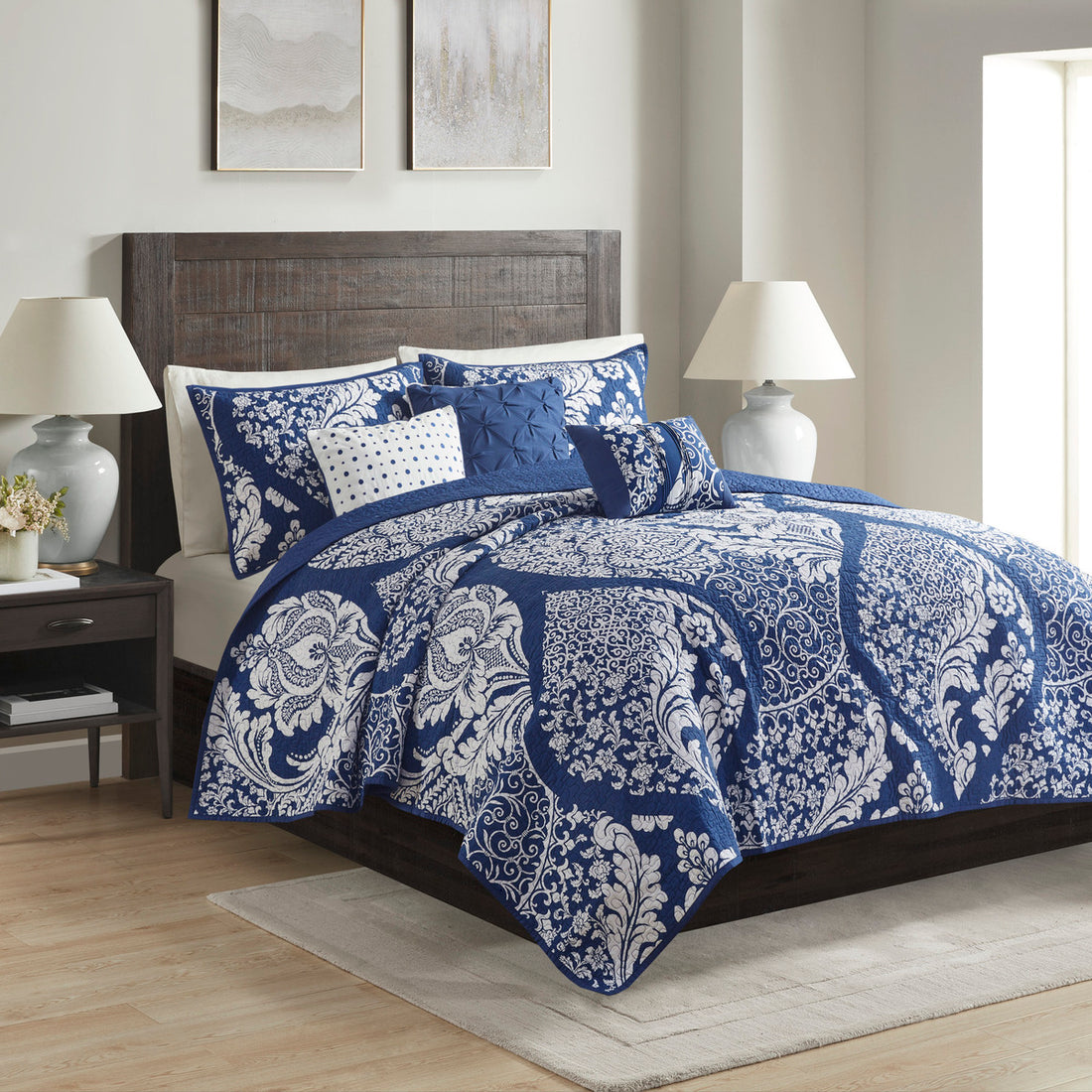 6 Piece Printed Cotton Quilt Set With Throw Pillows Indigo King Cal King Indigo Polyester