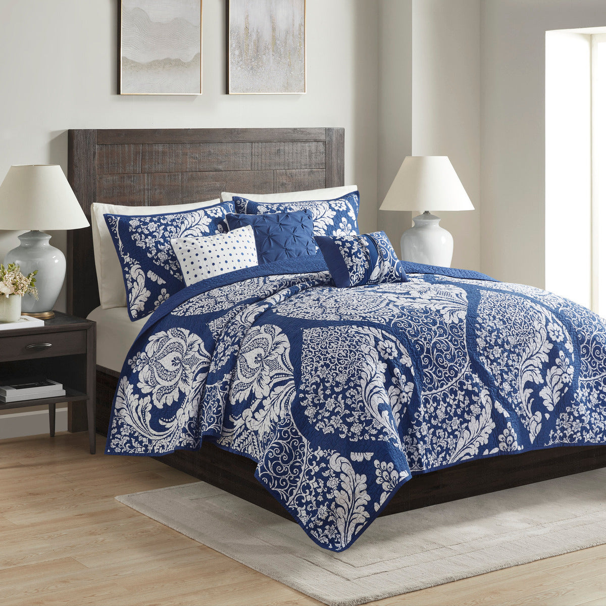 6 Piece Printed Cotton Quilt Set With Throw Pillows Indigo King Cal King Indigo Polyester