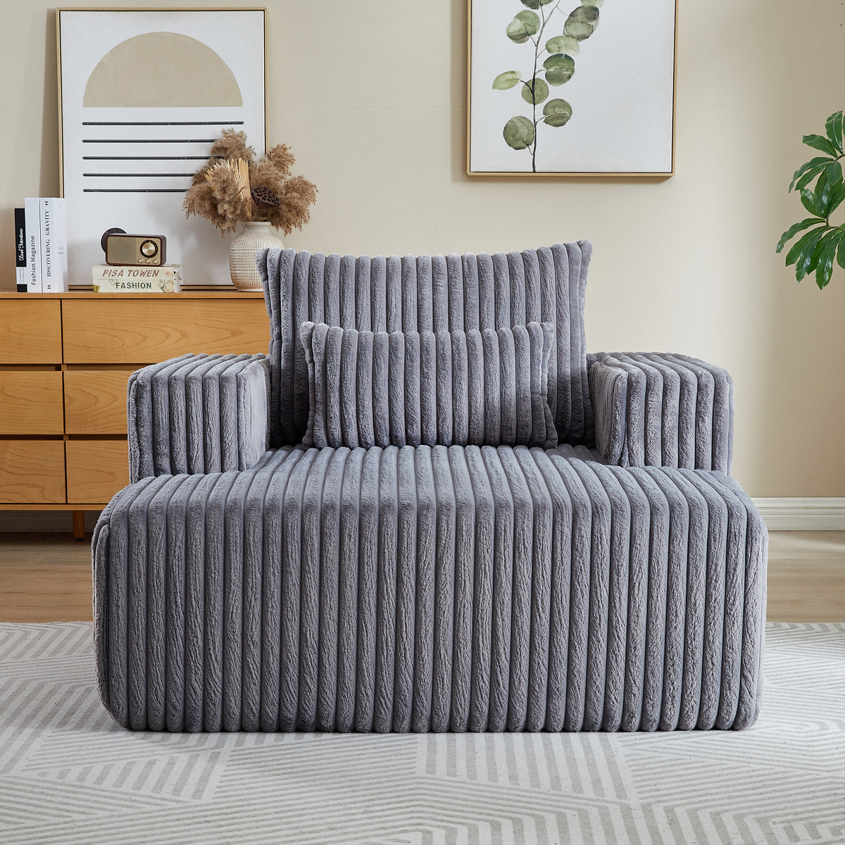 62.5 Inch Corduroy Sponge Sofa Lounge Chair,No Assembly Required,Fluffy Modern Sleeper Chair For Indoor Living Room Bedroom Grey Foam Corduroy 1 Seat
