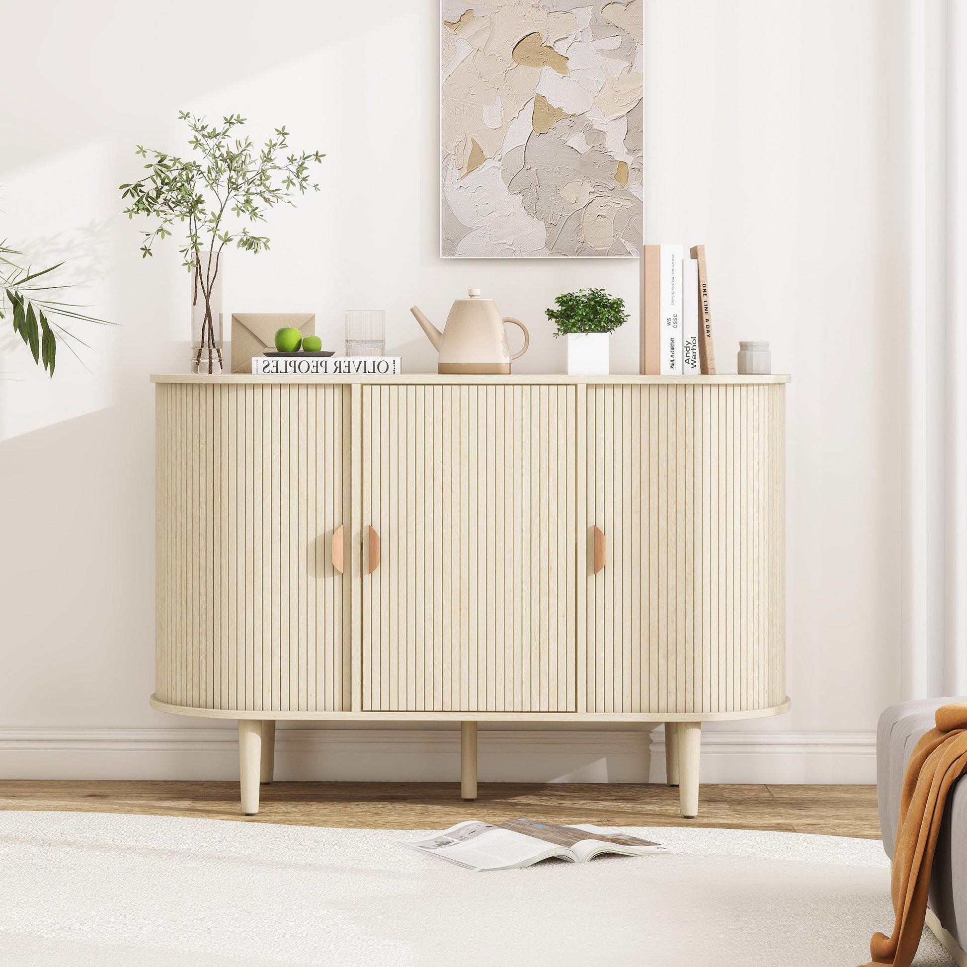 3 Door Buffet Cabinet,Large Storage Accent Cabniet With 3 Door,Sideboard Cabniet For Living Room, Entryway, Hallway, Office Kitchen And Dining Room Freestanding 3 4 Spaces Natural Sliding Doors Modern Mdf