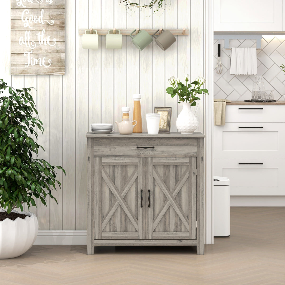 Homcom Farmhouse Sideboard Buffet Cabinet, Barn Door Coffee Bar Cabinet With Drawer And Adjustable Shelf, Kitchen Cabinet For Living Room, Entryway, Gray Wash Gray Wash Mdf