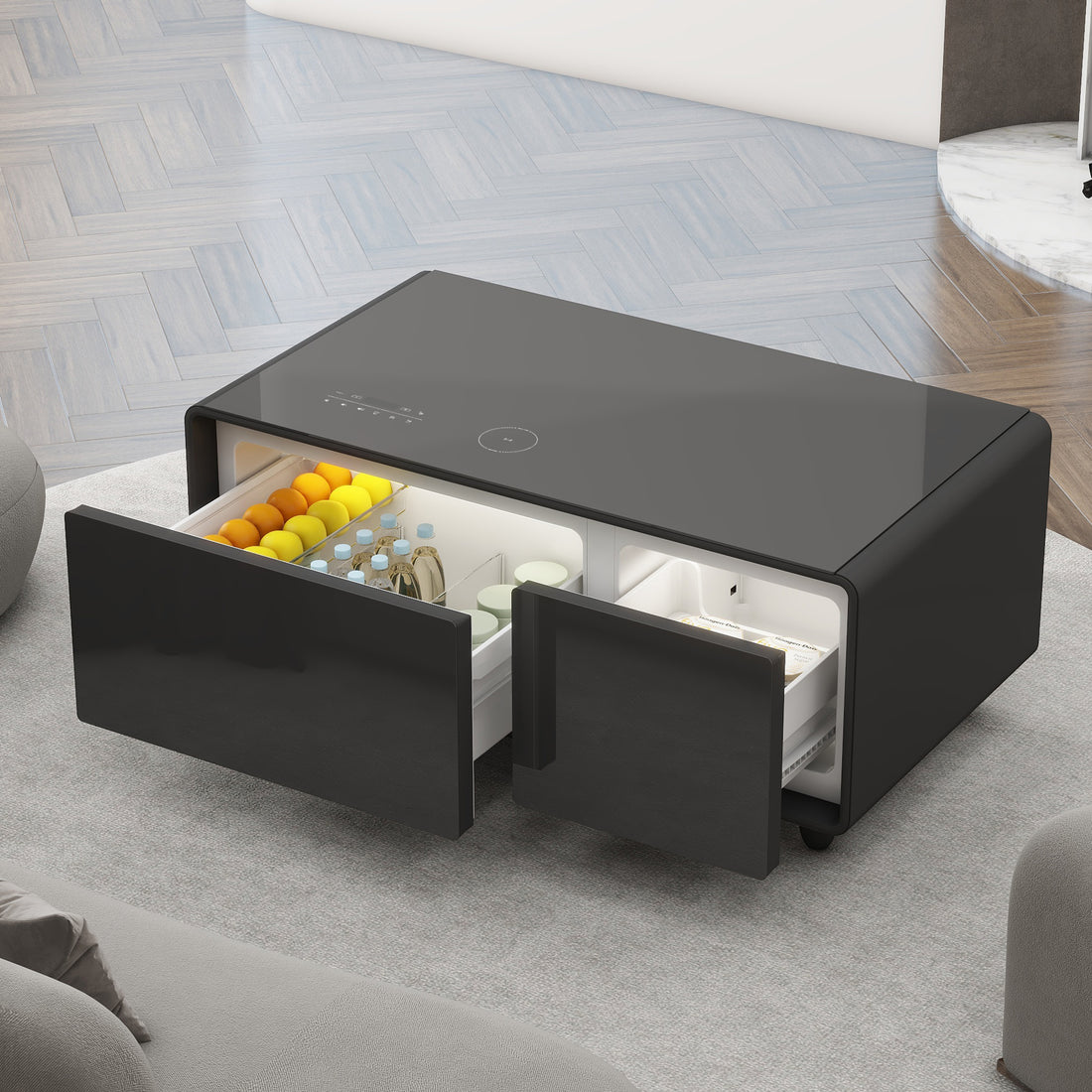 Modern Smart Coffee Table With Built In Fridge, Bluetooth Speaker, Wireless Charging, Touch Control Panel, Usb Interface, Outlet Protection, Atmosphere Light, Black Black Built In Outlets Or Usb Primary Living Space Luxury,Modern Freestanding Rectangular