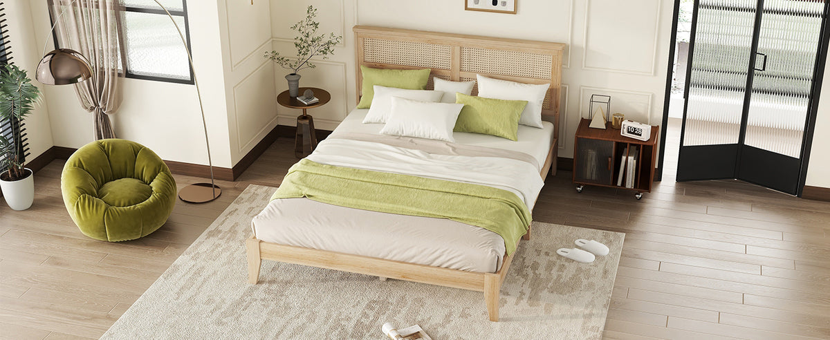 Queen Size Rubber Wooden, Solid Wooden Bed With Rattan Headboard, Enhanced By Support Feet Queen Natural American Design Rubber Wood