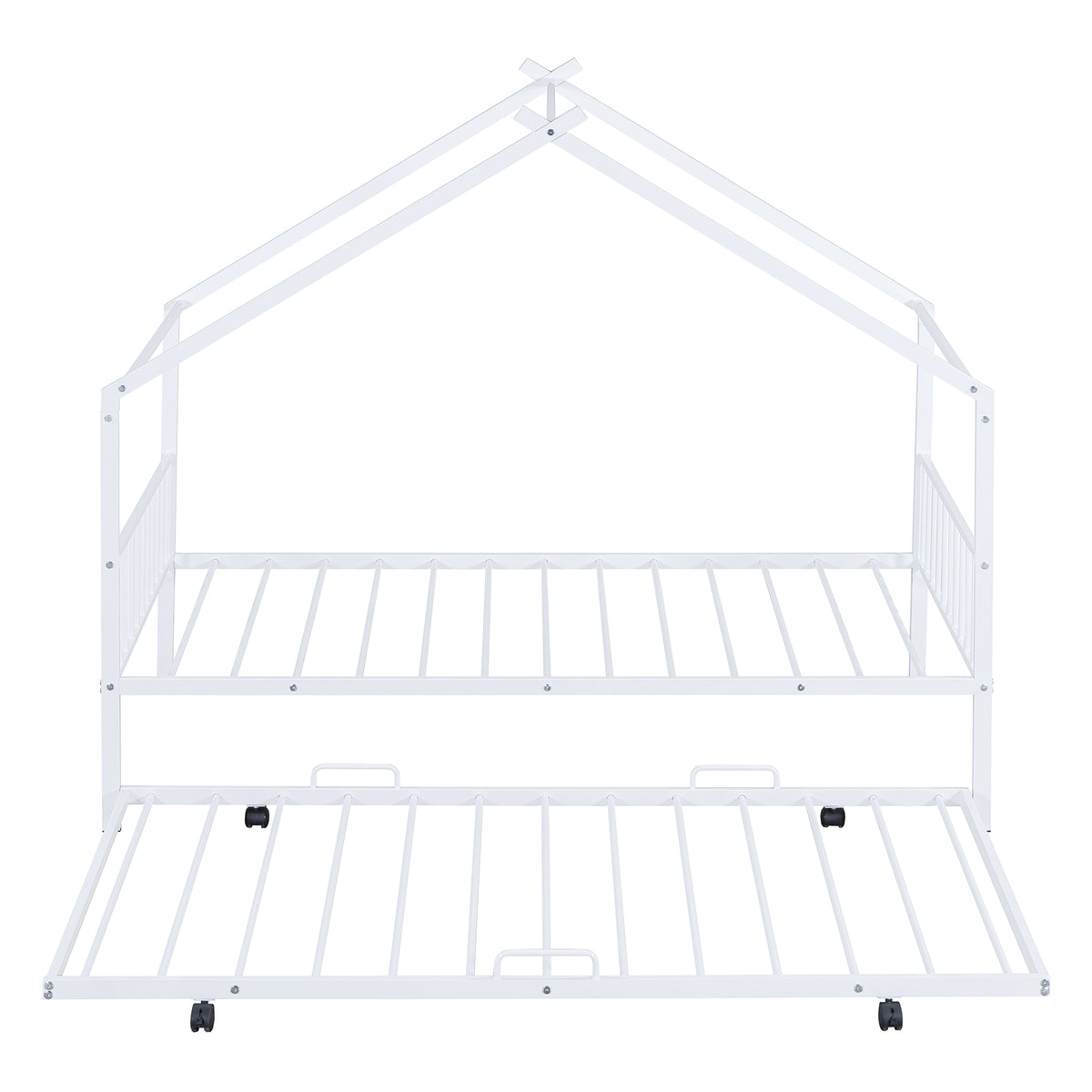 Twin Size Metal House Bed With Twin Size Trundle, White Twin White Metal