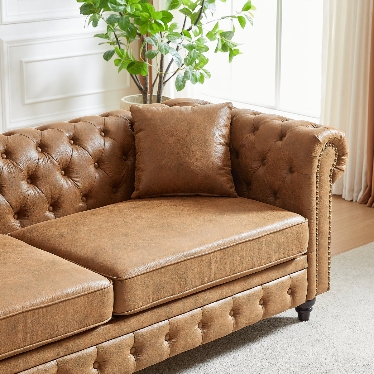 Fx 85.5"Living Room With Tech Fabric Chesterfield Sofa With Rolled Arms 3 Seater Sofa With Button Design And 2 Cushions For Apartment, Office, Living Room Brown Polyester Wood Primary Living Space Pine Foam Fabric 3 Seat