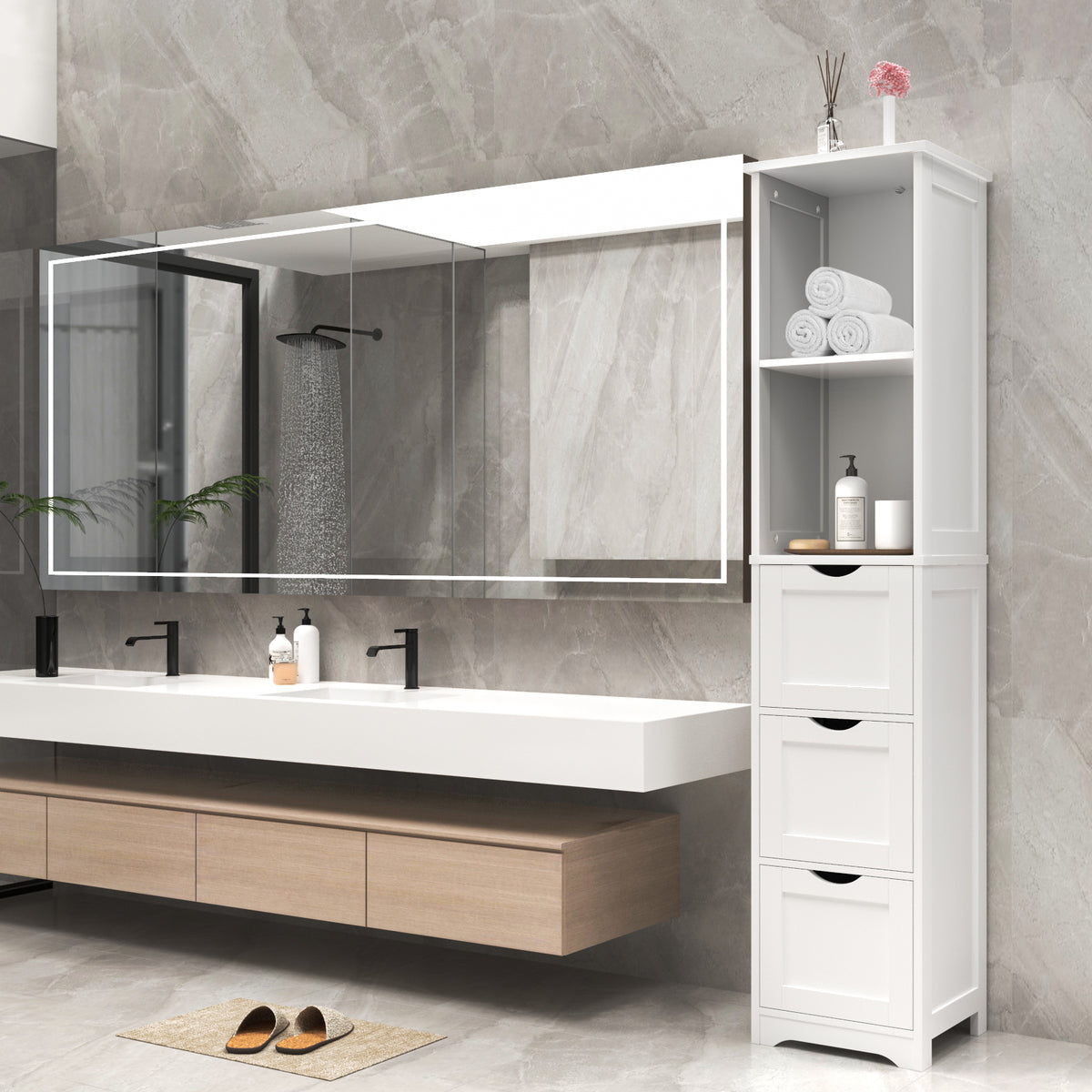 Bathroom Tall Storage Cabinet, Slim Free Standing Cabinet With 3 Drawers And 2 Shelves,Floor Cabinet For Small Space, 11.8" D X 12.6" W X 57.5" H, White Ameican White Oak Rubber Wood