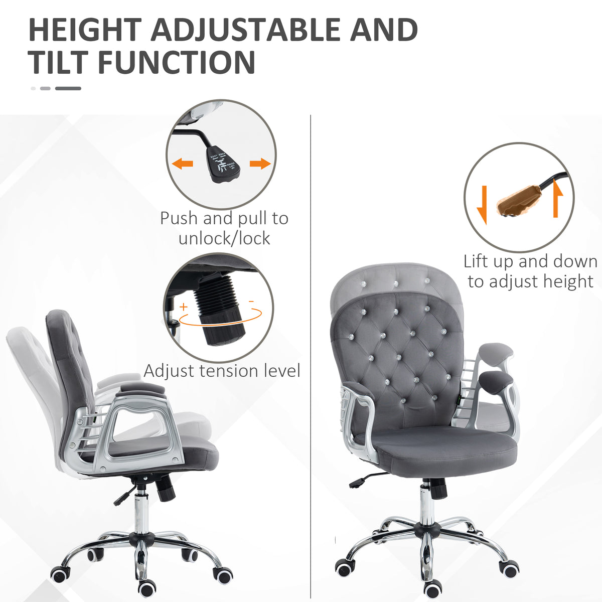 Vinsetto Velvet Home Office Chair, Button Tufted Desk Chair With Padded Armrests, Adjustable Height And Swivel Wheels, Dark Gray Dark Grey Polyester